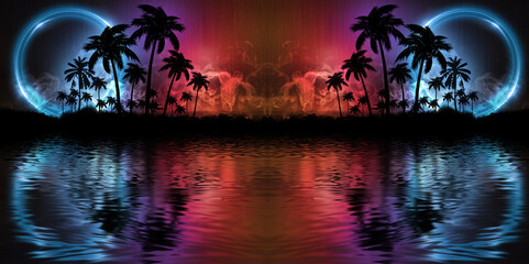 Fototapeta na wymiar Night landscape with palm trees, against the backdrop of a neon sunset, stars. Silhouette coconut palm trees on beach at sunset. Space futuristic neon landscape. Beach party. 