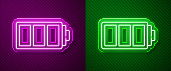Glowing neon line Battery charge level indicator icon isolated on purple and green background. Vector.