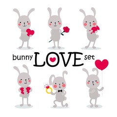 Cute hand drawn doodle bunnies with hearts, ring, balloon and candy. Happy Valentines Day love set. Vector illustration for couple, love and relationship symbol