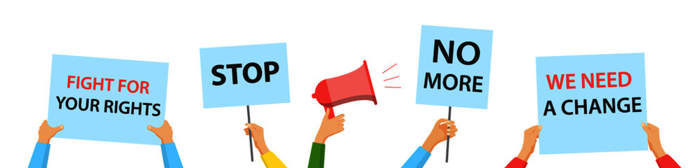 People with protest placards on a strike. Protesters holding posters, vector illustration