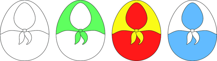 set of eggs in bright colors and in a scarf on a white background 