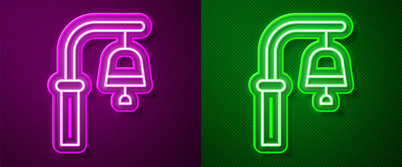 Glowing neon line Train station bell icon isolated on purple and green background. Vector.