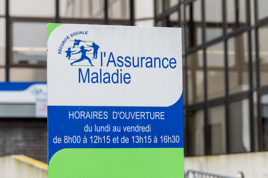 Calais, France - January 13,2020  : Social security sign . Illness branch called Assurance Maladie is one of the four branches with retirement, family, work accident in France
