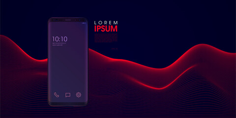 User interface. Mobile phone with page layout for mobile application. Development of an interface for a mobile. UI UX template. Futuristic line wave floating on the background. Vector illustration.