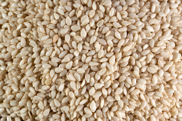 Close up of organic raw white sesame seeds on wooden background