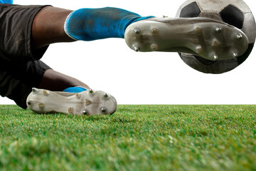Obraz premium Close up legs of professional soccer, football player fighting for ball on field isolated on white background. Concept of action, motion, high tensioned emotion during game. Cropped image.