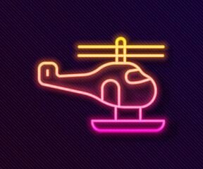 Glowing neon line Helicopter aircraft vehicle icon isolated on black background. Vector.