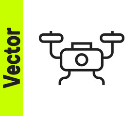 Black line Drone flying icon isolated on white background. Quadrocopter with video and photo camera symbol. Vector.