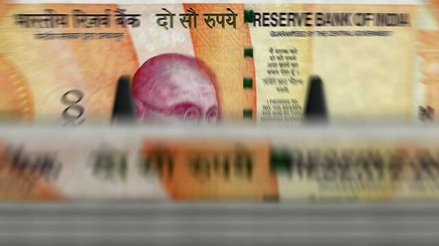 Money counting machine with Indian rupee banknotes. Fast INR currency rotation. Business, economy, profit, banking, inflation and crisis abstract concept loopable and seamless animation.