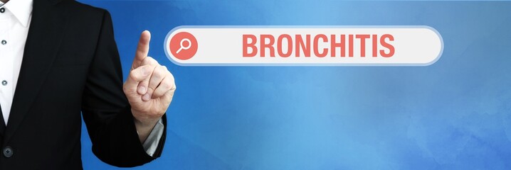 Bronchitis. Lawyer (man) points with his finger to an internet browser. Text is in the search box. Blue Background.