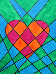 Red orange heart painted on canvas with acrylic and black marker. Looks like a stained glass window or mosaic. Background for Valentine's Day and Mother's Day greeting card, poster, printout, gift.