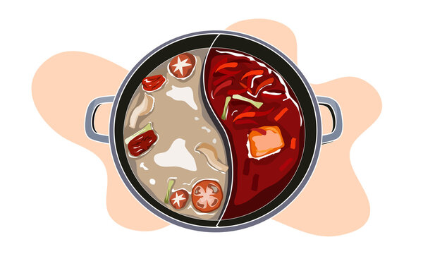 Hot pot in two style of soup, spicy and non spicy soup. Food vector illustration on white background.