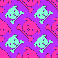 Dog and bone on a purple background, texture for design, seamless pattern, vector illustration