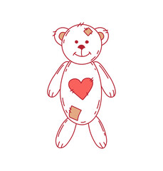 Bear with heart toy on white background. Single. Contour. For decoration cards, invitations, photos for Valentine's day, wedding and birthday. Vector.