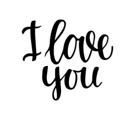 Hand lettering "I love you" on a white background. For decor photos, postcards, invitations, valentines for Valentine's Day, wedding, birthday. Sticker. Vector illustration.