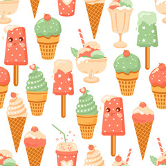 Ice cream seamless pattern on white background.Cartoon. Vector illustration.