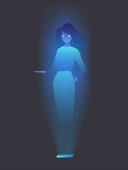 A hologram of a girl with glasses. Futuristic silhouette of a girl in neon light. Isolated on a dark background. Vector.