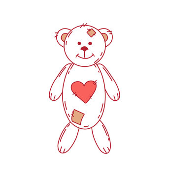 Bear with heart toy on white background. Single. Contour. For decoration cards, invitations, photos for Valentine's day, wedding and birthday. Vector.