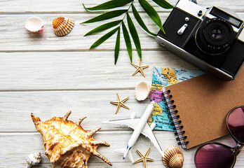 Traveler accessories on wooden  background