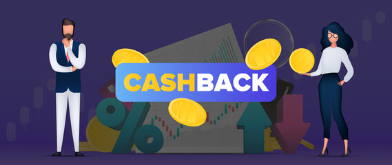 Cashback banner. The girl is holding a gold coin. Confident male businessman. Neon colors. Vector.
