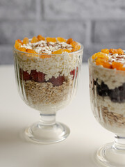 Healthy breakfasts oatmeal with berries and cottage cheese. Healthy diet. 