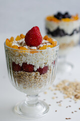 Healthy breakfasts oatmeal with berries and cottage cheese. Healthy diet. 