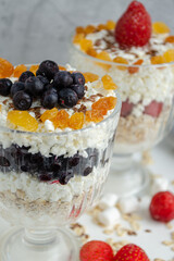 Healthy breakfasts oatmeal with berries and cottage cheese. Healthy diet. 