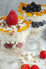 Healthy breakfasts oatmeal with berries and cottage cheese. Healthy diet. 
