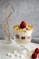 Healthy breakfasts oatmeal with berries and cottage cheese. Healthy diet. 