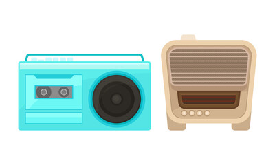 Retro Radio Receiver or Wireless as Electronic Device Receiving Radio Waves Vector Set
