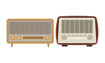 Retro Radio Receiver or Wireless as Electronic Device Receiving Radio Waves Vector Set