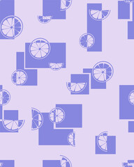 Seamless pattern with rectangular elements and elements in the form of orange slices in dark lavender color on background of lavender color