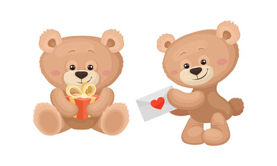 Cute Cartoon Teddy Bear Holding Gift Box and Letter Envelope Vector Set