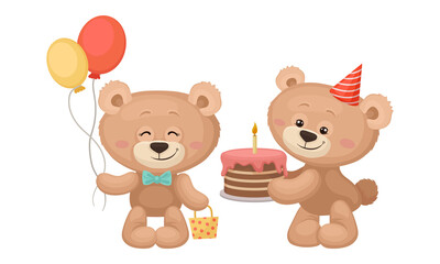 Cute Cartoon Teddy Bear Holding Bunch of Balloons and Cake Vector Set