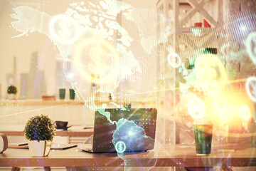Double exposure of stock market graph drawing and office interior background. Concept of financial analysis.