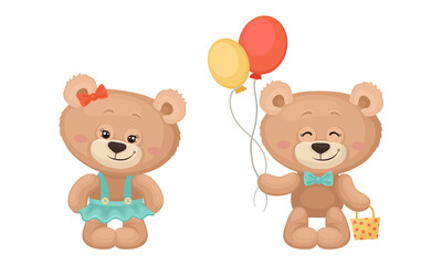 Cute Cartoon Teddy Bear Holding Bunch of Balloons Vector Set