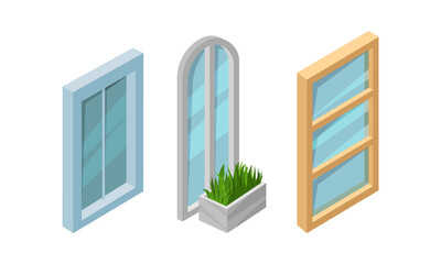 Isometric Glass Windows as Opening in Wall Vector Set