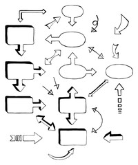 Set of black and white hand-drawn arrows and block schemes, vector illustration
