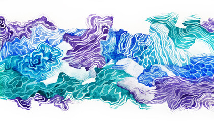 Abstract waves watercolor ocean landscape. Nature sea border ornament. Brush strokes blue seascape. Wallpaper hand drawn water surface wet texture illustration