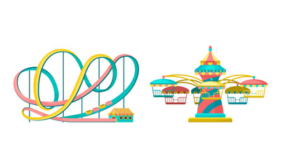Amusement or Entertainment Park with Attractions Like Merry-go-round and Roller Coaster Vector Set