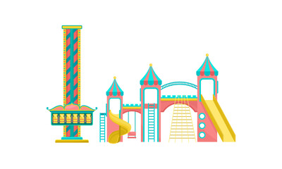 Fototapeta premium Castle with Ladders and Slide as Amusement or Entertainment Park Attractions Vector Set