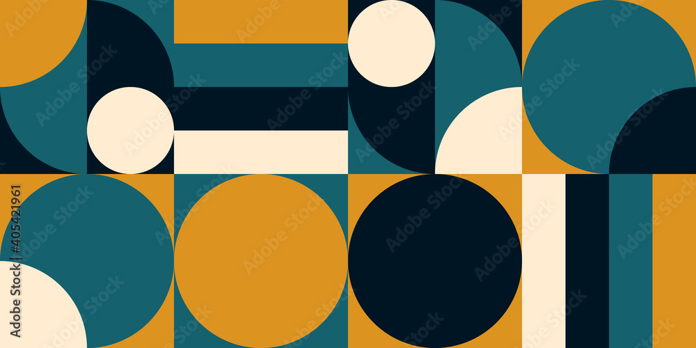 Fototapete Modern vector abstract  geometric background with circles, rectangles and squares  in retro scandinavian style. Pastel colored simple shapes graphic pattern.