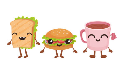 Smiling Kawaii Sandwich and Tea Cup with Face and Arms Vector Set