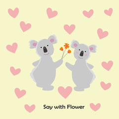 two koalas with flowers and love