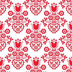 Retro floral vector seamless pattern perfect for textile or fabric print. Inspired by folk art from Nowy Sacz, Poland 
