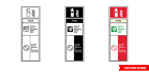 Foam fire extinguisher id sign icon of 3 types color, black and white, outline. Isolated vector sign symbol.