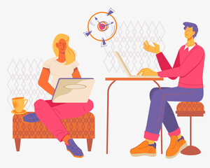 Office people working in a shared work environment. People talk and work at computers in an open space office or coworking center, flat vector illustration.