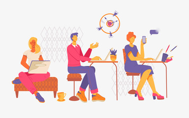 People at office or open workspace, coworking center, flat vector illustration. Business people, men and women working on computers and laptops in open workplace.
