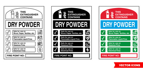 This extinguisher contains dry powder fire extinguisher id sign icon of 3 types color, black and white, outline. Isolated vector sign symbol.