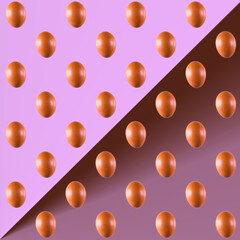 Brown chicken quail eggs, laid out in a  pattern, on a pink-brown gradient background, wallpaper, pattern, texture